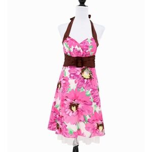 City Triangles Pink Floral Halter Dress Rockabilly 50s Pinup Belted Retro Size 5
